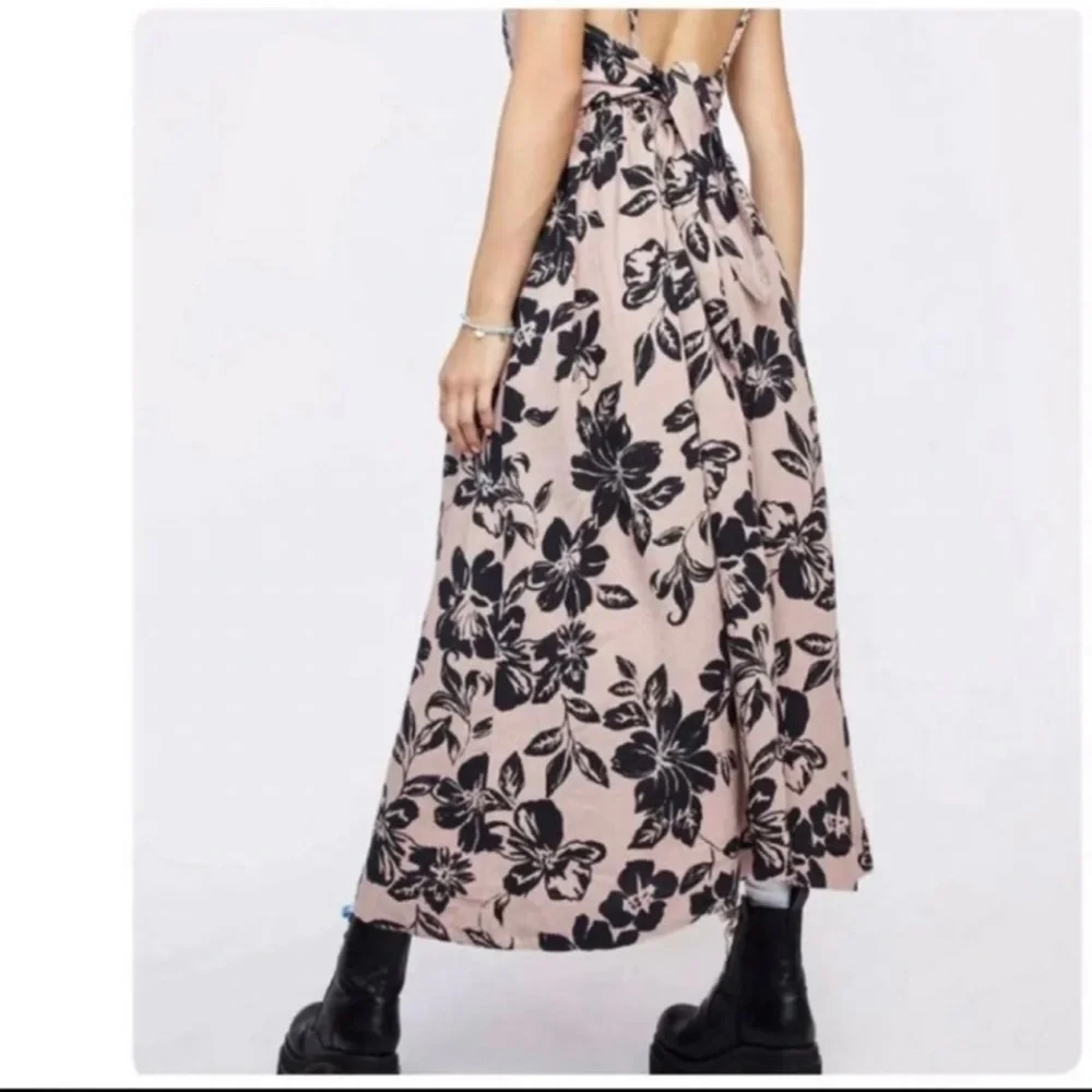 Free People Pink Floral Maxi Dress with Black Print